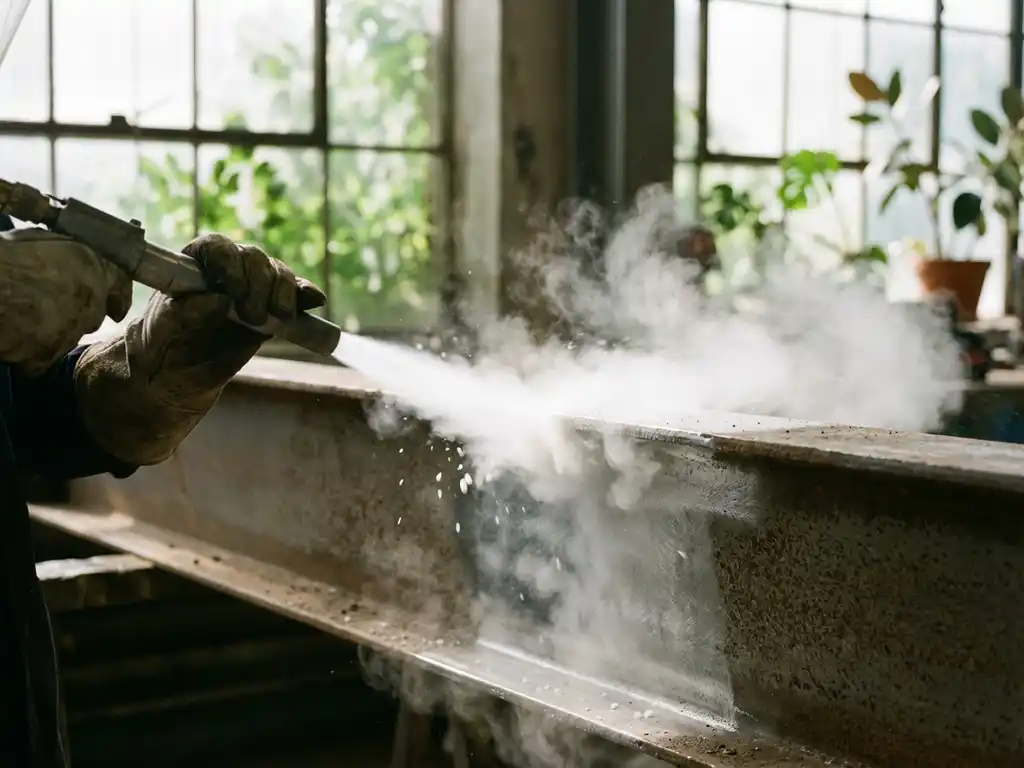 Gehandschoende hand reinigt industrieel metalen oppervlak met droogijsstralen, witte CO2-damp zichtbaar in werkplaats
