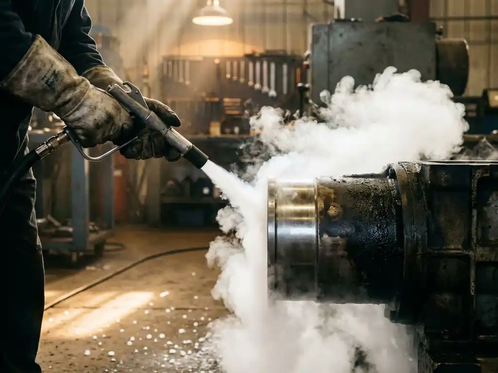 Droogijsstraalreiniger blaast CO2-damp op metalen oppervlak, toont contrast tussen schone en vuile delen