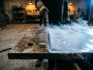 Industrieel metalen oppervlak half gereinigd met zandstraalspoor en droogijsdamp, gehandschoende hand met straalmond