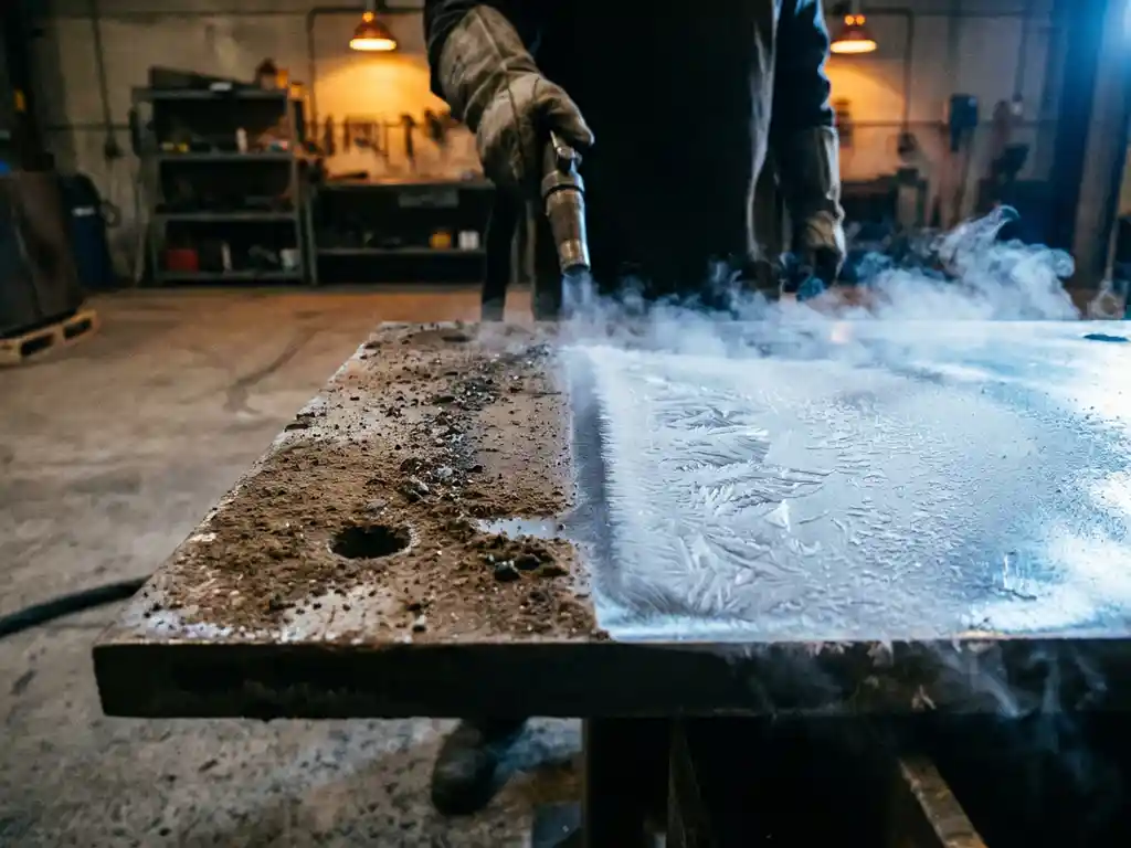 Industrieel metalen oppervlak half gereinigd met zandstraalspoor en droogijsdamp, gehandschoende hand met straalmond