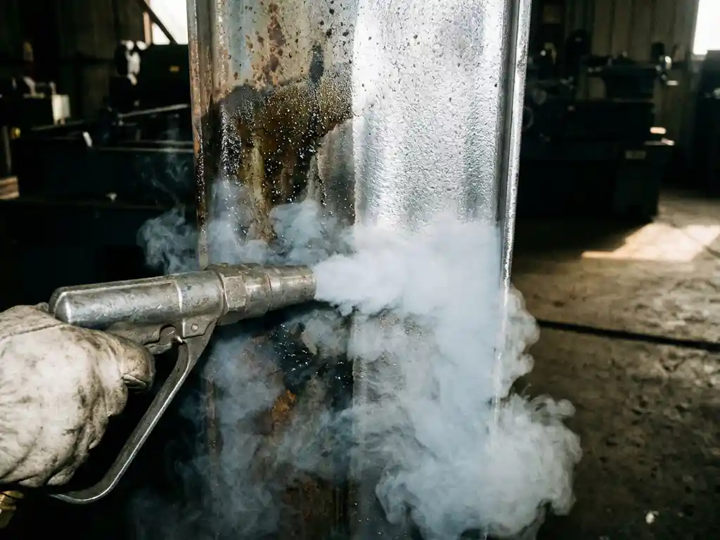 Droogijsstralen mondstuk reinigt industrieel metaal met CO2-dampwolken, overgang van vuil naar schoon staal zichtbaar


---

**Token Count Estimate:** Approximately 180 tokens used out of 200,000 budget.