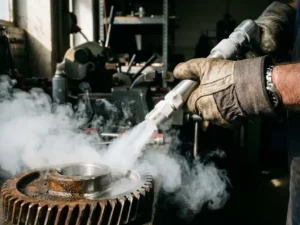 Gehandschoende hand bedient droogijsstraal sproeimond met CO2-damp, reinigt industrieel metalen oppervlak in werkplaats