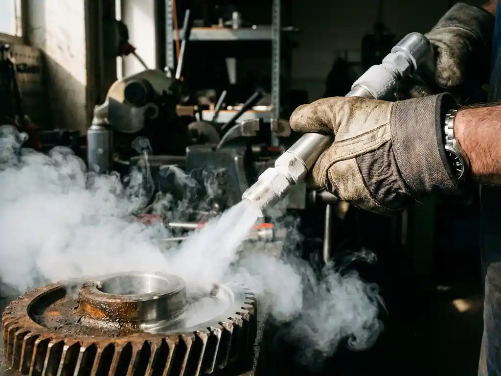 Gehandschoende hand bedient droogijsstraal sproeimond met CO2-damp, reinigt industrieel metalen oppervlak in werkplaats