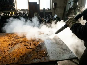 Droogijsstralen verwijdert roest van metalen plaat, witte CO2-damp zichtbaar, industriële reiniging in actie