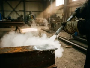 Droogijsstraalmond verwijdert roest van industrieel metaal terwijl witte CO2-damp ontstaat in werkplaats