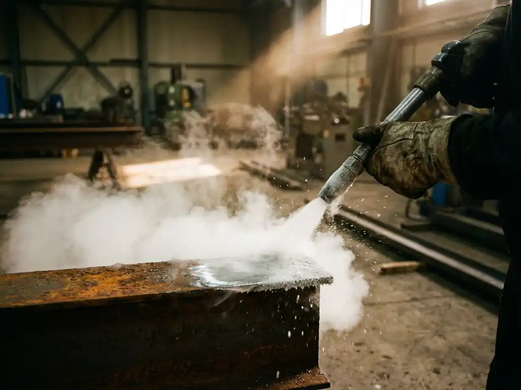 Droogijsstraalmond verwijdert roest van industrieel metaal terwijl witte CO2-damp ontstaat in werkplaats