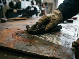 Gehandschoende hand inspecteert verweerd industrieel metalen oppervlak met schoonmaakdoek, roest en schone delen zichtbaar