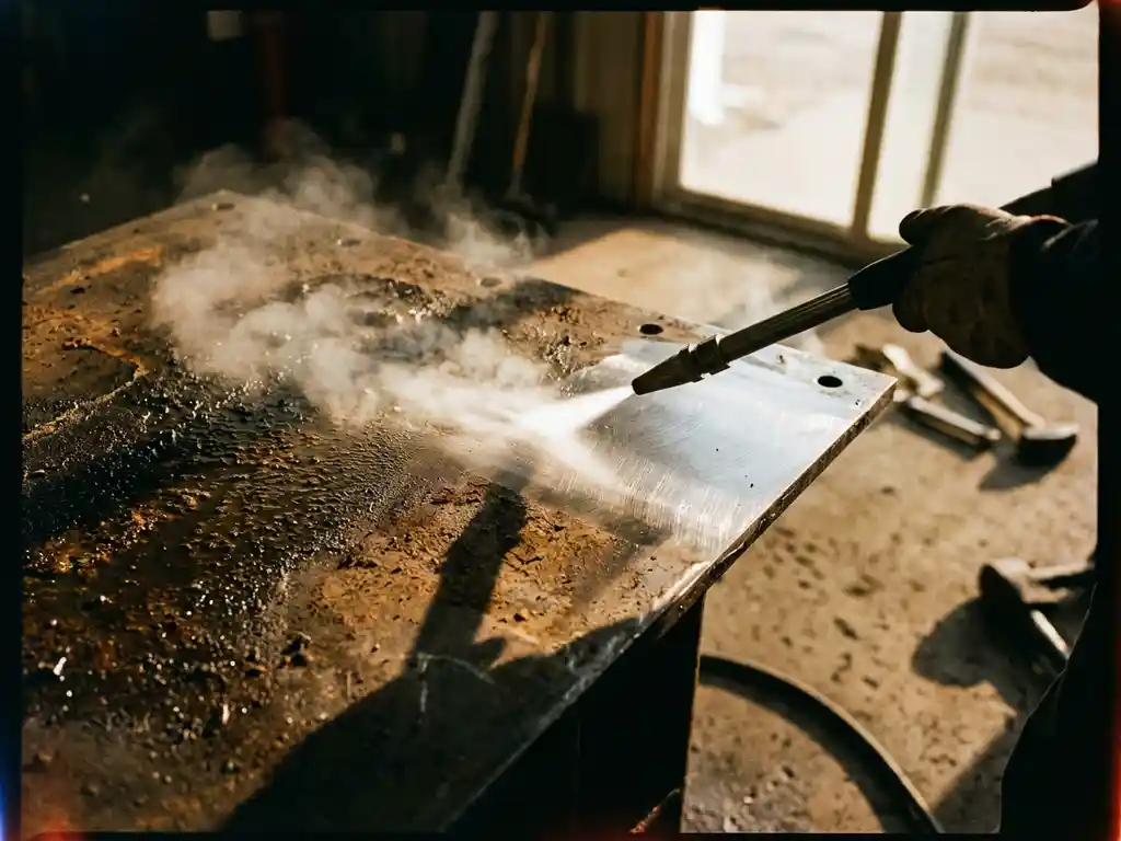 Industrieel metalen oppervlak wordt gereinigd met CO2-straler, half vuil half glanzend schoon in werkplaats