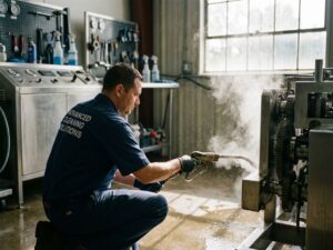 Professionele schoonmaker bedient hogedruk stoomreiniger op gepolijste industriële vloer bij machines