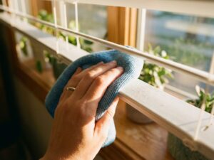 Hand reinigt witte jaloezie met blauwe microvezeldoek, stofdeeltjes zichtbaar in zonlicht door raam