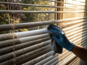 Gehandschoende hand reinigt stoffige jaloezieën met microvezeldoek, contrast tussen vuile en schone lamellen