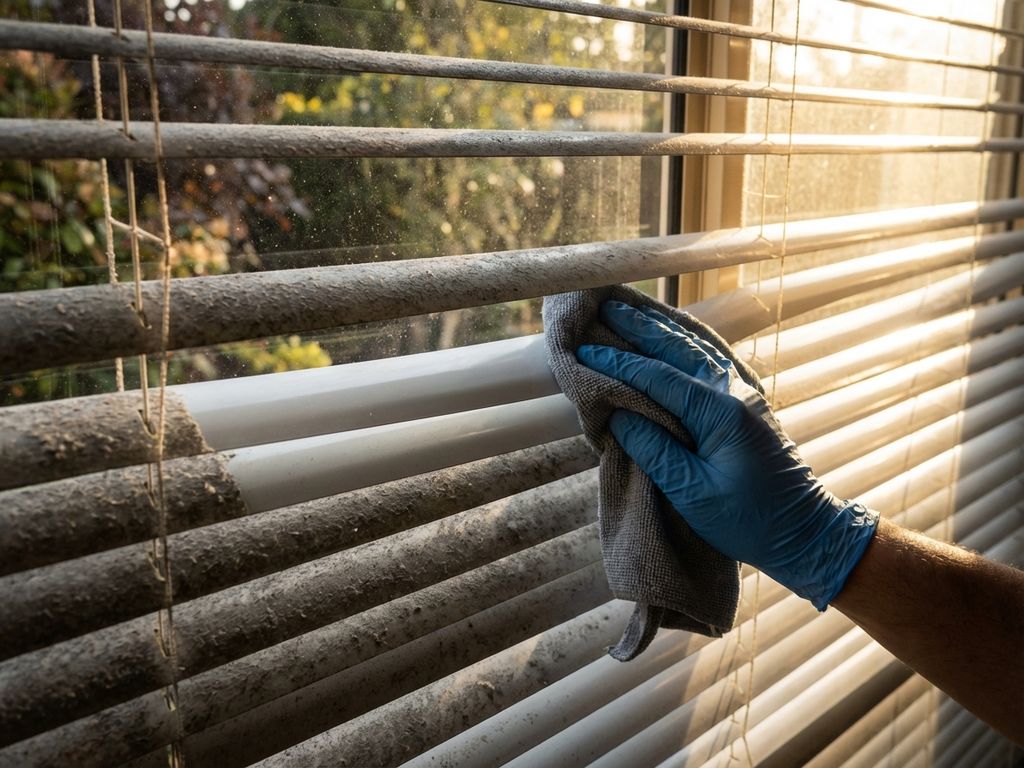 Gehandschoende hand reinigt stoffige jaloezieën met microvezeldoek, contrast tussen vuile en schone lamellen
