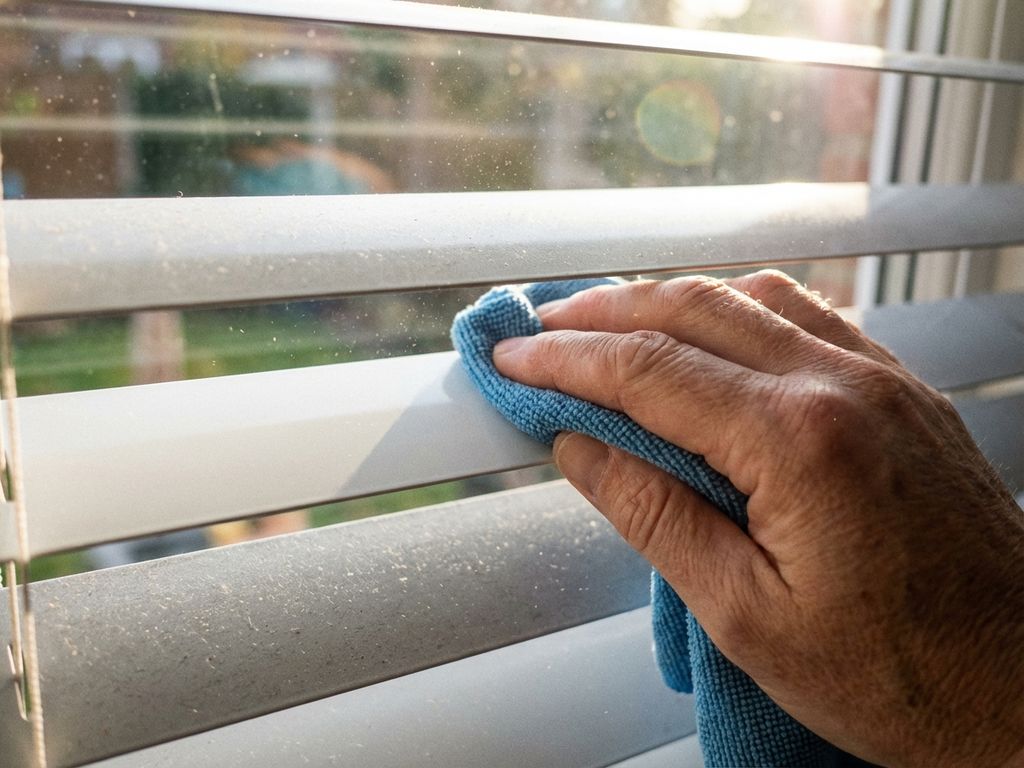 Hand die een witte horizontale jaloezieën-lat schoonmaakt met een microvezeldoek, stofdeeltjes zichtbaar in zonlicht