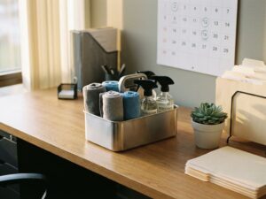 Schoonmaakset met microfiber doeken en eco-spray op modern kantoorbureau met kalender en natuurlijk licht