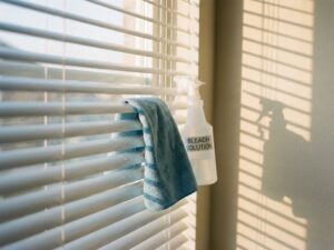 Witte horizontale jaloezieën met spuitfles bleekmiddel en microvezeldoek, zonlicht werpt schaduwen op muur