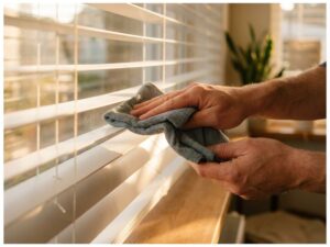 Handen reinigen witte horizontale jaloezieën met microvezeldoek, stofdeeltjes zichtbaar in zonlicht