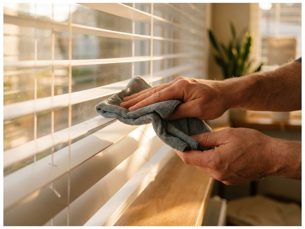 Handen reinigen witte horizontale jaloezieën met microvezeldoek, stofdeeltjes zichtbaar in zonlicht