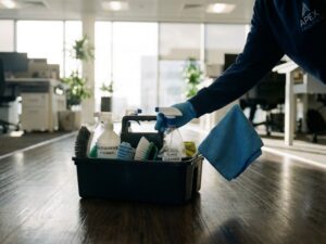 Professionele schoonmaakset met georganiseerde benodigdheden en hand van schoonmaker in uniform op kantoorvloer