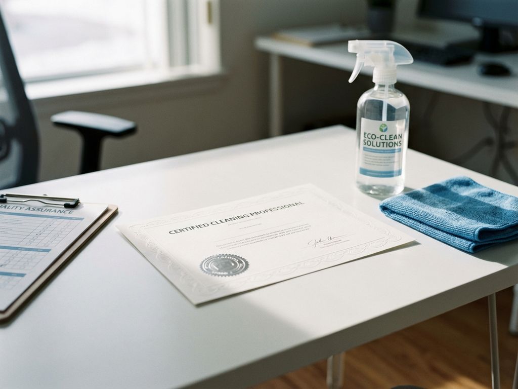 Schoonmaakcertificaat met officieel zegel op bureau naast sprayflacon en microvezeldoek, professionele setting


---

**Explanation of approach** (not part of the alt text):
- Started with the main subject (certification document)
- Included key contextual elements (spray bottle, cloth, professional setting)
- Kept it concise at 119 characters
- Used natural Dutch phrasing
- Avoided unnecessary artistic details while maintaining descriptive value
- Incorporated relevant keywords naturally (schoonmaak/cleaning, certificaat/certification, professionele/professional)