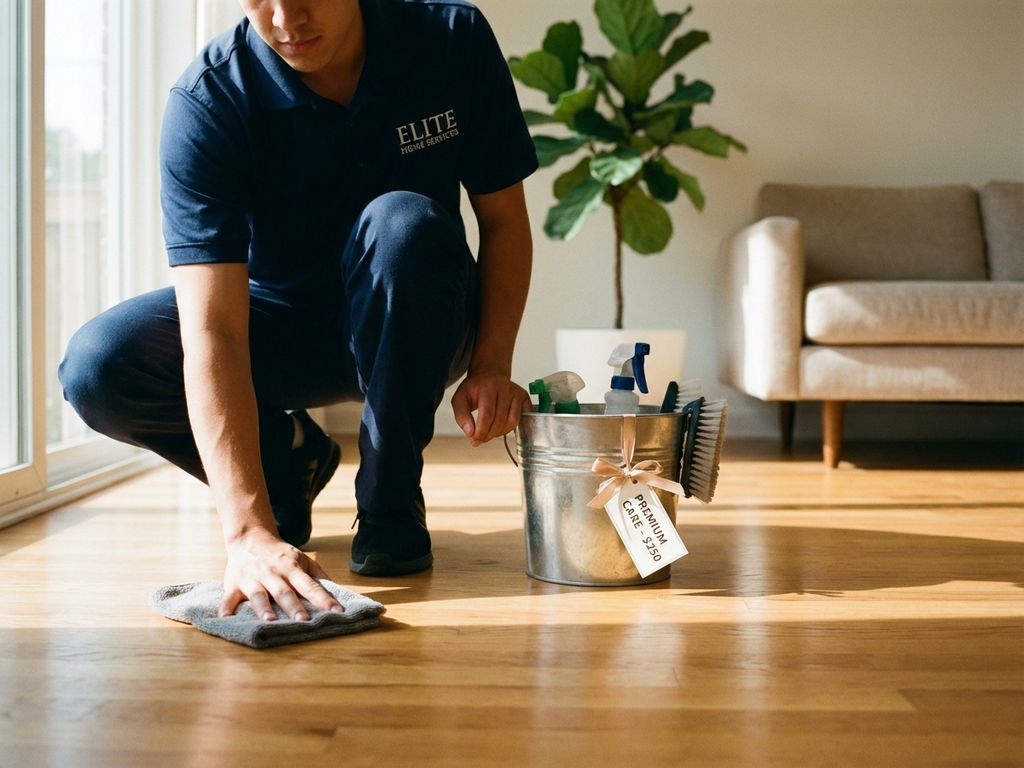 Schoonmaker in uniform reinigt hardhouten vloer met microvezeldoek, emmer met prijskaartje naast hem in lichte woonkamer
