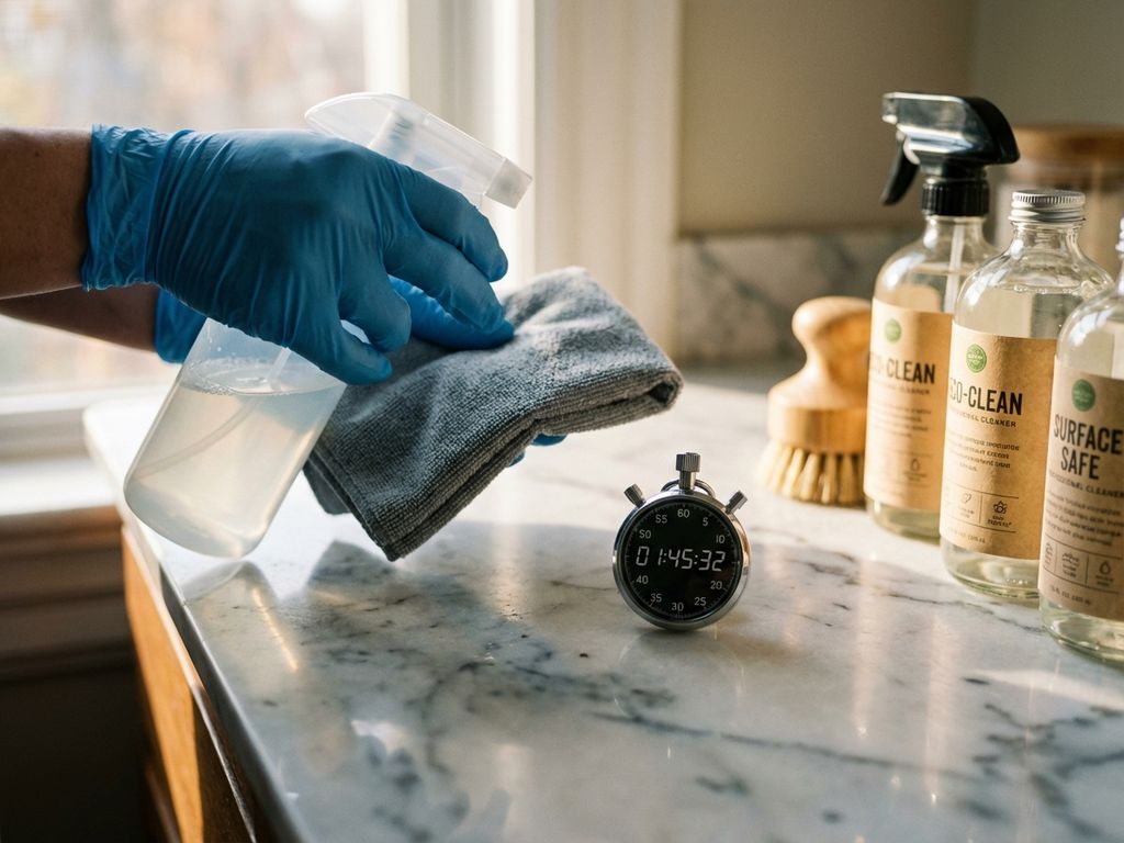 Stopwatch op marmeren aanrecht met schoonmaakspullen en gehandschoende hand die spuitfles vasthoudt