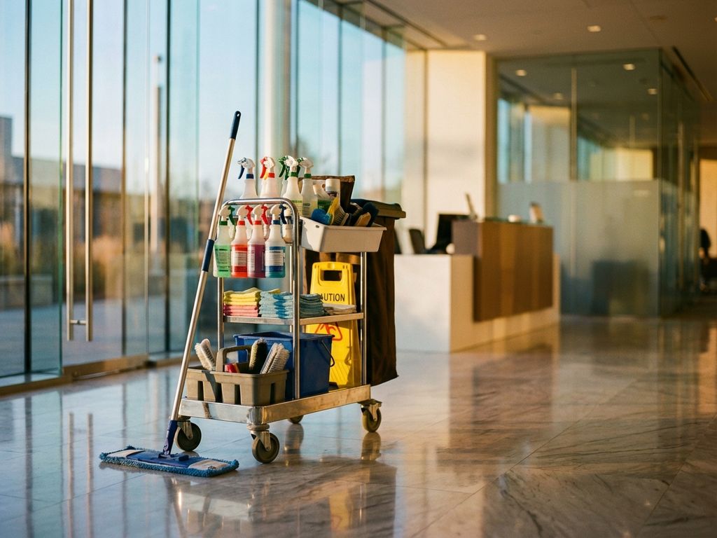 Professionele schoonmaakkar met benodigdheden in moderne kantoorlobby met marmeren vloeren en natuurlijk licht