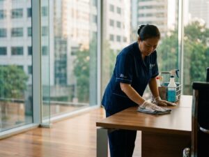 Professionele schoonmaker reinigt modern kantoorbureau met microvezeldoek in licht kantoor met glazen ramen