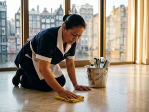 Schoonmaakspecialist poetst marmeren vloer in modern Amsterdams kantoor met grachtenhuizen op achtergrond