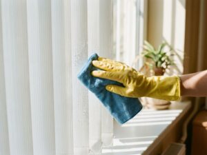 Hand met gele schoonmaakhandschoen die witte PVC verticale lamellen reinigt met microvezeldoek bij daglicht