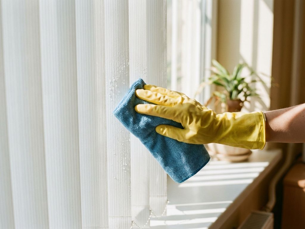 Hand met gele schoonmaakhandschoen die witte PVC verticale lamellen reinigt met microvezeldoek bij daglicht
