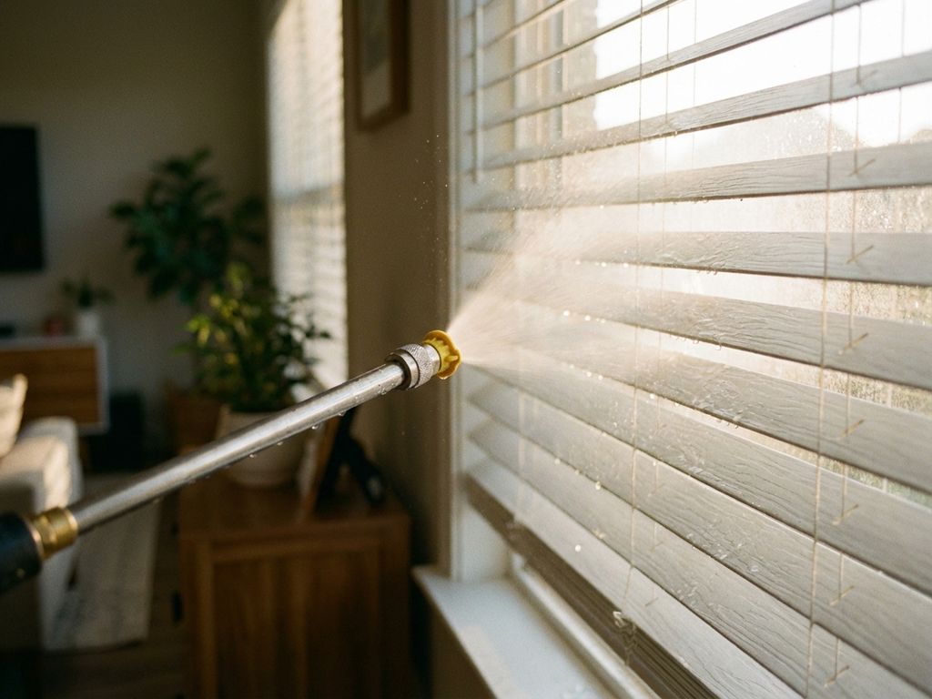 Hogedrukspuit reinigt witte horizontale jaloeziën met waterdruppels in zonlicht bij raam binnenshuis