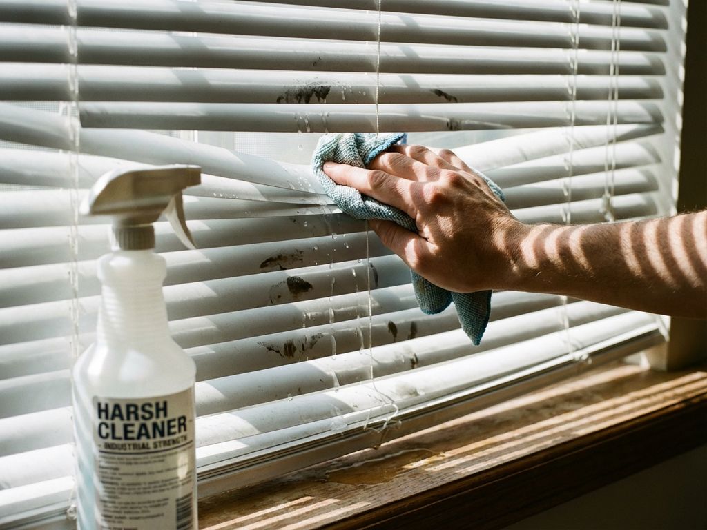 Hand met doek maakt fout bij schoonmaken van witte horizontale jaloezieën, water drupt en veroorzaakt schade aan lamellen