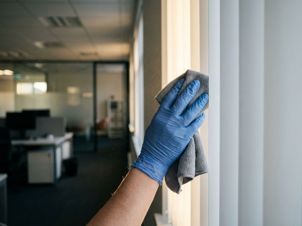 Schoonmaakspecialist reinigt witte verticale jaloezieën met microvezeldoek in modern kantoor