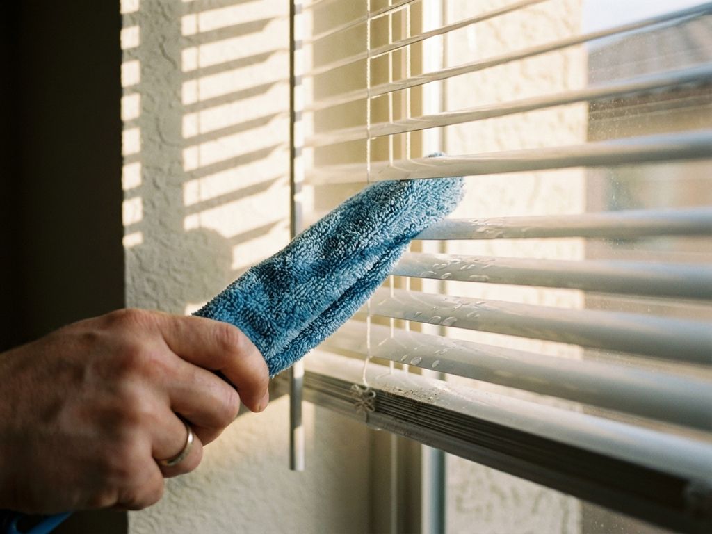 Hand reinigt witte horizontale jaloezieën met microvezeldoek, zonlicht creëert gestreepte schaduwen op muur