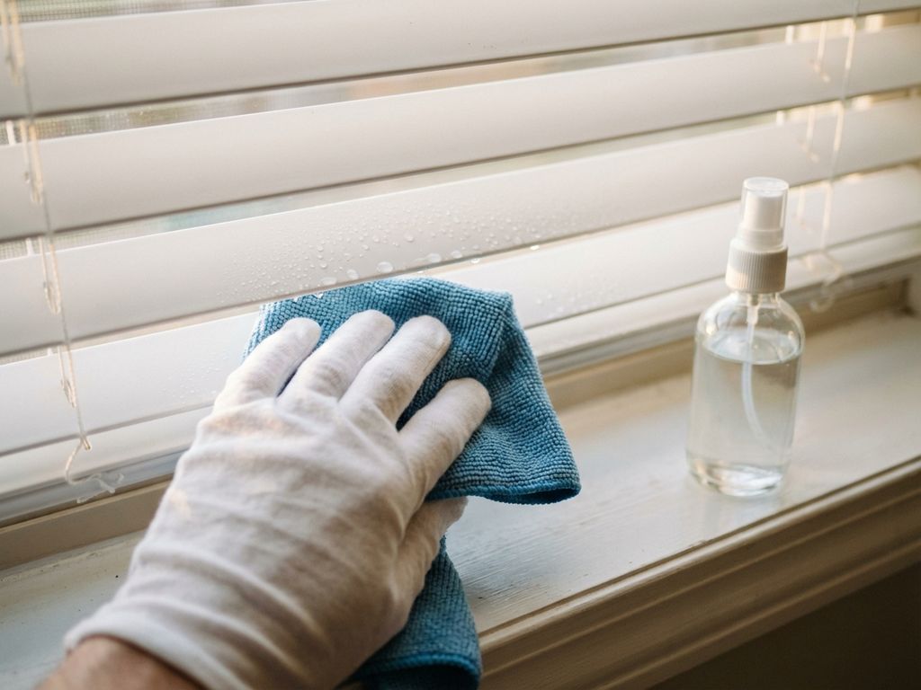 Hand die witte horizontale jaloezieën schoonmaakt met microvezeldoek en sprayfles op vensterbank


---

Note: The alt text is 104 characters and focuses on the main action (cleaning blinds) while including key elements (microfiber cloth, spray bottle) in Dutch as requested.