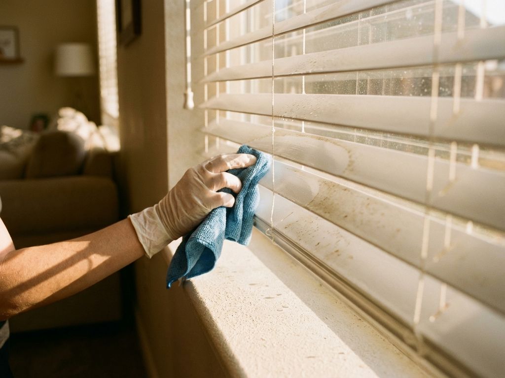 Gehandschoende hand reinigt witte horizontale jaloezieën met microvezeldoek, zonlicht toont overgang van vuil naar schoon