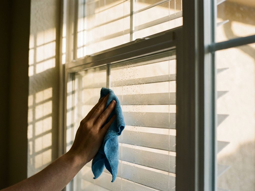 Hand reinigt witte horizontale jaloezieën met blauwe microvezeldoek bij raam met zonlicht