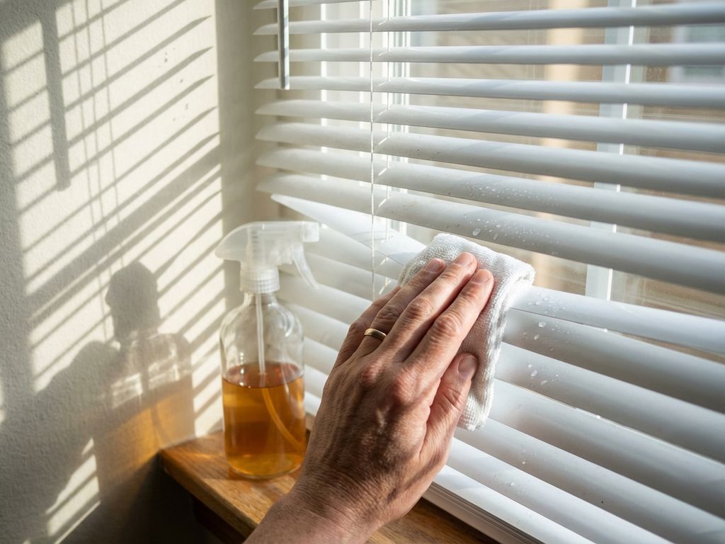 Hand die horizontale jaloezieën schoonmaakt met microvezeldoek, spray met azijnoplossing op vensterbank, zonlicht door lamellen


---

**Explanation of approach (not part of output):**
- Started with main subject (hand cleaning blinds)
- Included key elements (microfiber cloth, vinegar solution, sunlight)
- Kept under 125 characters
- Used natural Dutch language
- Avoided "afbeelding van" or similar phrases
- Focused on what's essential for accessibility