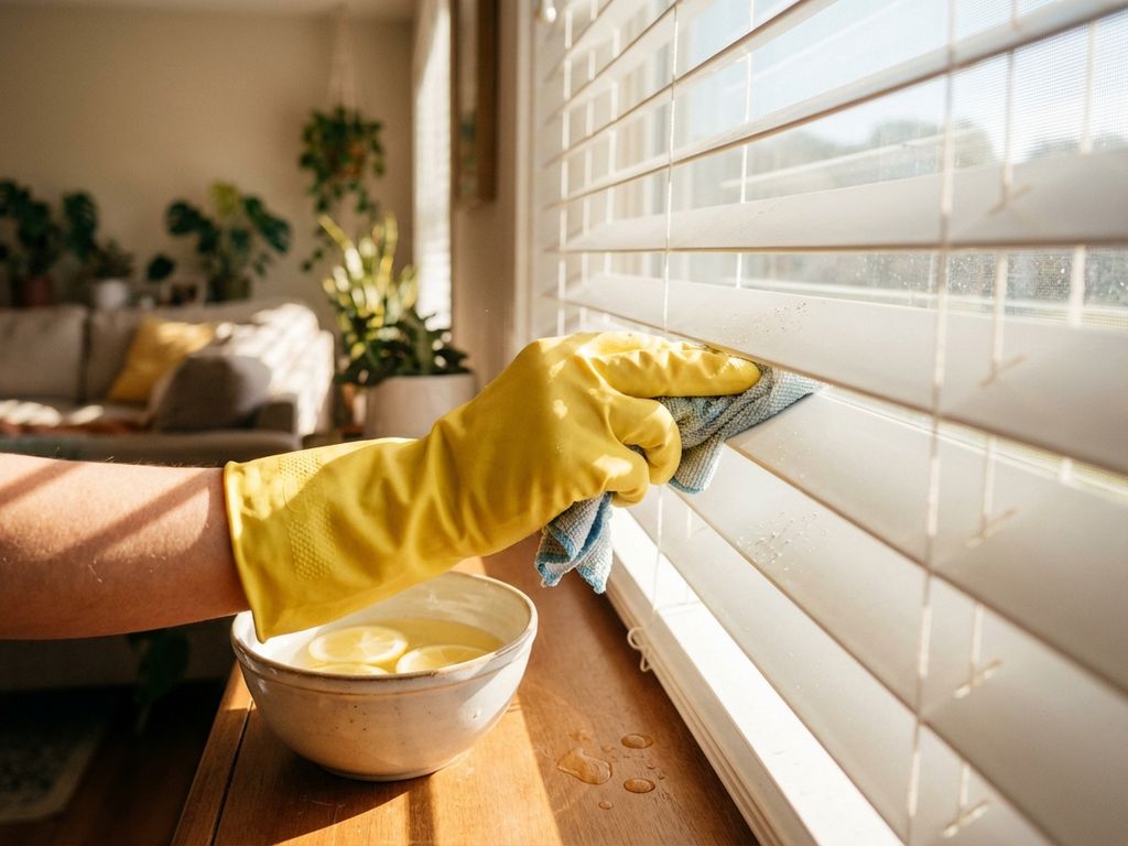 Hand met gele schoonmaakhandschoen veegt witte jaloezieën met microvezeldoek, citroen reinigingsoplossing op vensterbank