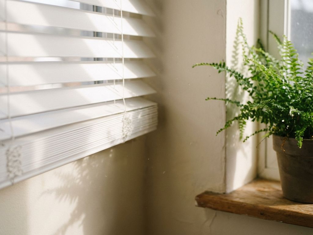 Witte horizontale jaloezieën met zonlicht en stofdeeltjes, groene plant op vensterbank, schone lucht