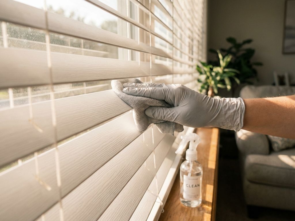 Hand met microvezeldoek reinigt witte horizontale jaloezieën bij raam met natuurlijk daglicht