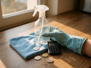 Schoonmaakprofessional met spuitfles en rekenmachine op tafel met euromunt en microvezeldoek