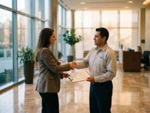 Schoonmaakspecialist schudt hand met zakenklant in modern kantoorlobby met serviceovereenkomst op klembord
