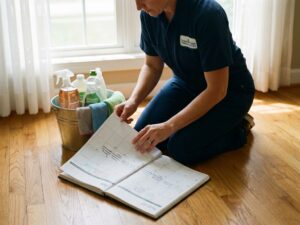 Schoonmaakspecialist in uniform controleert kalender met afspraken naast emmer met milieuvriendelijke schoonmaakmiddelen op houten vloer


Explanation of approach (not part of alt text):
- Started with main subject (cleaning specialist)
- Included key elements (calendar with appointments, eco-friendly supplies)
- Kept it concise at 122 characters
- Natural keyword integration
- Proper Dutch grammar
- Descriptive for accessibility