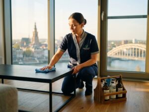 Professionele schoonmaker in uniform reinigt moderne woonkamer met milieuvriendelijke middelen, Arnhem stadsgezicht op achtergrond