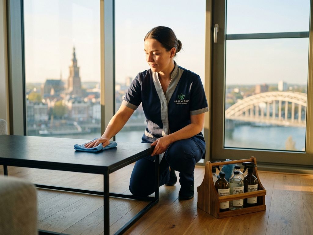 Professionele schoonmaker in uniform reinigt moderne woonkamer met milieuvriendelijke middelen, Arnhem stadsgezicht op achtergrond