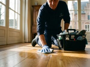 Schoonmaakspecialist poetst houten vloer met microvezeldoek in elegant Gelders interieur met zonlicht