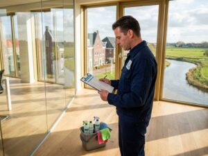 Schoonmaakspecialist inspecteert kwaliteitschecklist in modern kantoor in Gelderland met eco-vriendelijke schoonmaakmiddelen