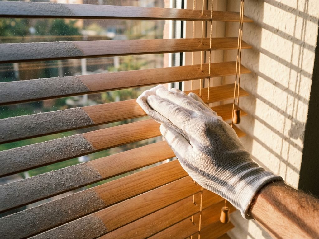 Hand met witte microvezeldoek veegt stof van houten jaloezieën af in warm zonlicht