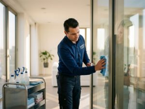 Professionele schoonmaker poetst raam in modern Almere appartement met zonlicht en schoonmaakwagen
